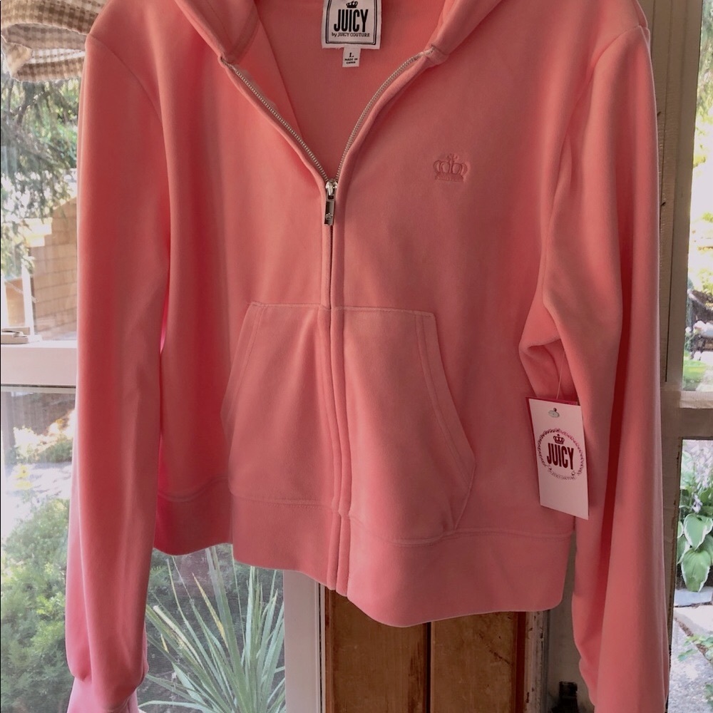 NEW Juicy Couture Pink Flamingo Hoodie Velour teen L Front Zip Pockets